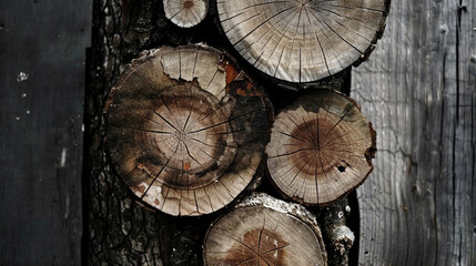 Naklejka premium A close-up of a stack of wooden tree trunks. The trunks have a weathered appearance, suggesting they have been exposed to the elements for an extended period.