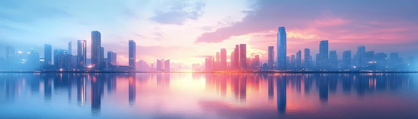 Fototapeta premium Minimalist cityscape, futuristic architecture blending with vibrant wildlife, serene evening glow