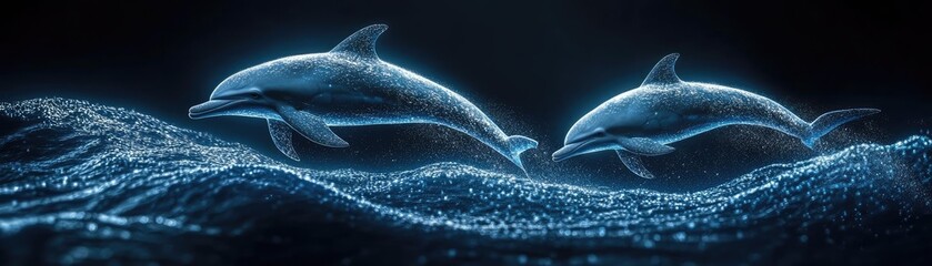 Robotic dolphins leaping through holographic waves, illuminated by ethereal light, showcasing a harmony of wildlife and advanced technology