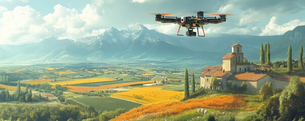 Fototapeta premium Side view of a drone capturing a vibrant rural landscape, high-tech farms blended with nature, futuristic devices in harmony with tradition