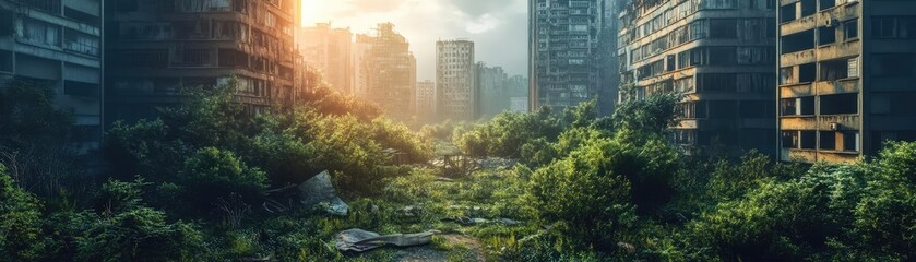 Side view of a dystopian cityscape, featuring minimalistic buildings and overgrown nature reclaiming the space, dramatic lighting