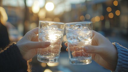 Two people toasting with cold drinks at sunset