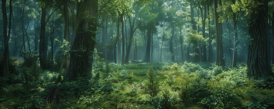 Forest with a dense underbrush and towering trees, 4K hyperrealistic photo,