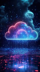 A vibrant, glowing cloud with shimmering rain, set against a cosmic backdrop. Perfect for illustrating weather or technology themes.