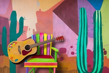 colorful illustration inspired by the artistic streets of Cancun, Mexico. The scene should feature a painted acoustic guitar resting on a bright, multicolored chair against a bold, geometric wall