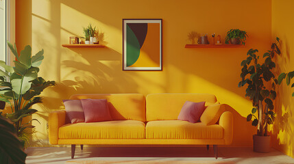 Modern and colorful interior of living room with design boucle sofa, mock up poster, shelf, plants, decorations and personal stuff. Home decor.