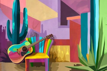 colorful illustration inspired by the artistic streets of Cancun, Mexico. The scene should feature a painted acoustic guitar resting on a bright, multicolored chair against a bold, geometric wall