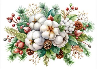Elegant vector watercolor Christmas arrangement with cotton flowers on a white background, ideal for holiday decor and design projects, adding a touch of festive beauty.