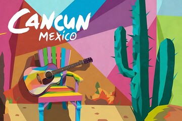 colorful illustration inspired by the artistic streets of Cancun, Mexico. The scene should feature a painted acoustic guitar resting on a bright, multicolored chair against a bold, geometric wall