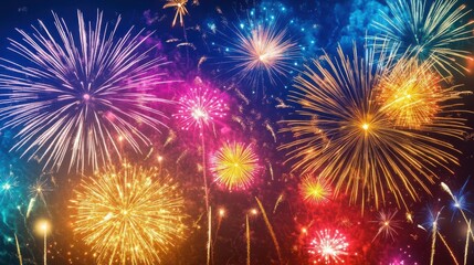 Close-up of colorful fireworks bursting in the night sky, celebrating New Year 2025
