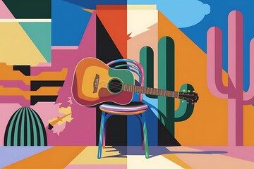 colorful illustration inspired by the artistic streets of Cancun, Mexico. The scene should feature a painted acoustic guitar resting on a bright, multicolored chair against a bold, geometric wall