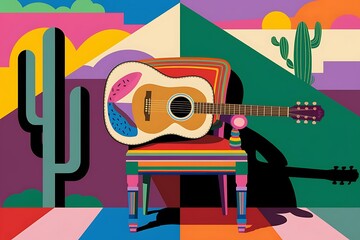 colorful illustration inspired by the artistic streets of Cancun, Mexico. The scene should feature a painted acoustic guitar resting on a bright, multicolored chair against a bold, geometric wall