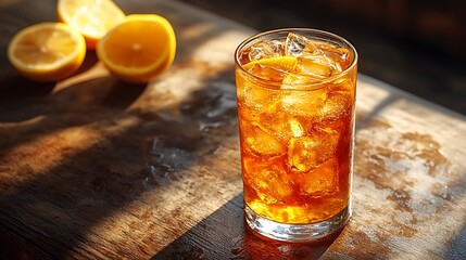 Glass of iced tea with lemon slices on a wooden table.