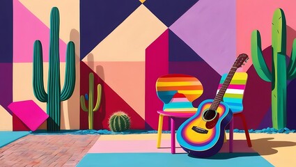colorful illustration inspired by the artistic streets of Cancun, Mexico. The scene should feature a painted acoustic guitar resting on a bright, multicolored chair against a bold, geometric wall