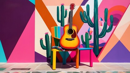 colorful illustration inspired by the artistic streets of Cancun, Mexico. The scene should feature a painted acoustic guitar resting on a bright, multicolored chair against a bold, geometric wall