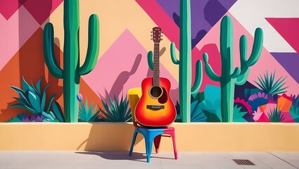 colorful illustration inspired by the artistic streets of Cancun, Mexico. The scene should feature a painted acoustic guitar resting on a bright, multicolored chair against a bold, geometric wall
