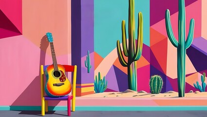 colorful illustration inspired by the artistic streets of Cancun, Mexico. The scene should feature a painted acoustic guitar resting on a bright, multicolored chair against a bold, geometric wall