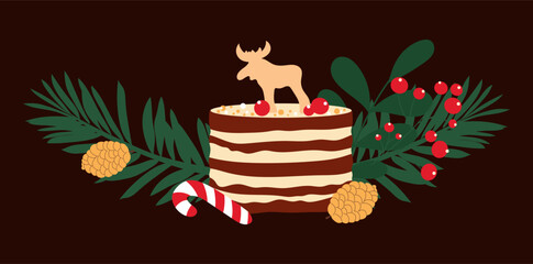 Hand drawn Christmas decorated cake with sugar cane, gingerbread deer and fir tree branches.