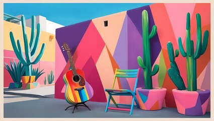 colorful illustration inspired by the artistic streets of Cancun, Mexico. The scene should feature a painted acoustic guitar resting on a bright, multicolored chair against a bold, geometric wall