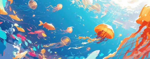 Cartoonish jellyfish and fish swimming happily, thick lines, simple design, no shading, 4K hyperrealistic photo