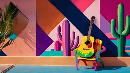 colorful illustration inspired by the artistic streets of Cancun, Mexico. The scene should feature a painted acoustic guitar resting on a bright, multicolored chair against a bold, geometric wall