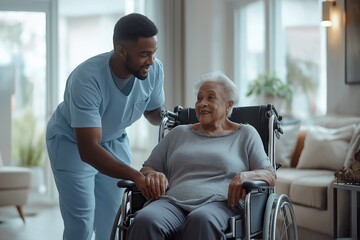 A dedicated nurse supports an elderly woman in a wheelchair during a compassionate caregiving moment at home