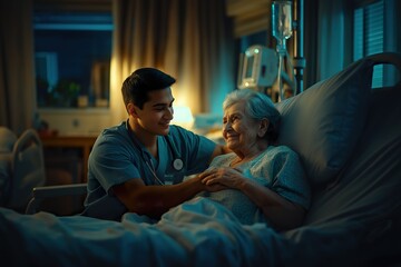 A compassionate male nurse comforts an elderly female patient in a hospital room during a quiet night shift, fostering a connection through gentle care