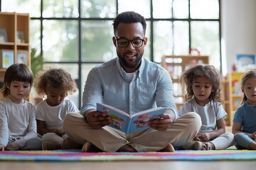 Teacher leads a diverse preschool class during storytime, fostering engagement and imagination in a bright, welcoming classroom environment