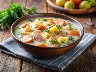 Enjoy a soothing potato and salmon soup, combining wholesome ingredients for a healthy, heartwarming meal ideal for cozy nights spent relaxing at home.