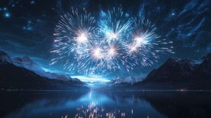Fototapeta premium New Year 2025 fireworks with bright patterns and glowing trails over a mountain lake