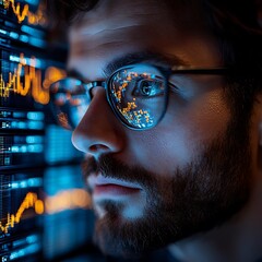 A focused man, his glasses reflecting vibrant data streams, intently analyzes complex financial algorithms in a dimly lit room, a testament to the intricate world of quantum finance.