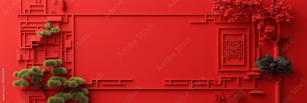 Poster minimalist chinese pattern with traditional elements on red background