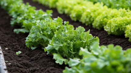 Lush rows of vibrant green lettuce thrive in rich, dark soil, showcasing healthy growth in a well-maintained garden.