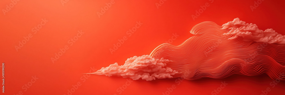 Poster minimalistic design featuring flowing clouds on vibrant red background evokes sense of calm