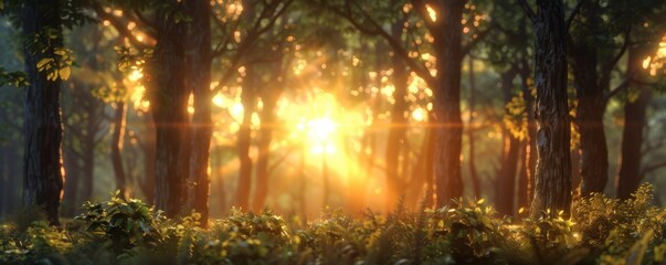 Obraz premium Forest sunset with golden light filtering through the trees, 4K hyperrealistic photo,