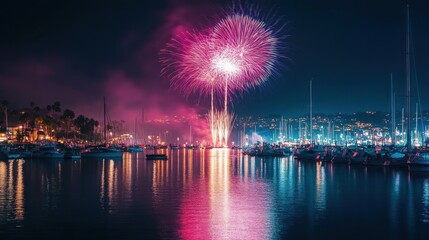 Fireworks above a bustling marina, celebrating New Year 2025 with vibrant colors