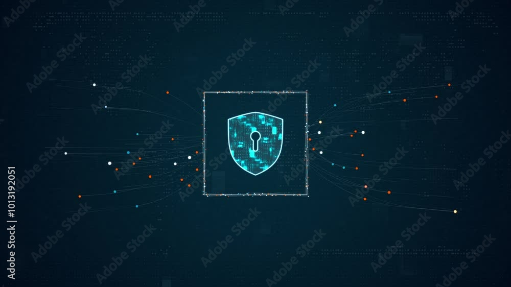 Poster motion graphic of blue digital security shield logo with particles dot spread on abstract background