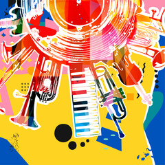 Music background with colorful music instruments and vinyl record disc vector illustration. Music festival poster with double bell euphonium, violoncello, trumpet, piano, euphonium, sax and guitar