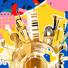 Music background with colorful music instruments and vinyl record disc vector illustration. Music festival poster with double bell euphonium, violoncello, trumpet, piano, euphonium, sax and guitar