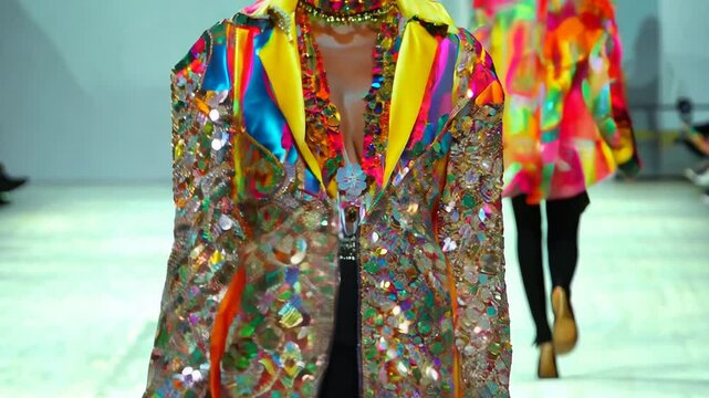 An African American model showcases stunning outfits from the brand's latest collection, strutting confidently down the catwalk in a lively fashion show setting.