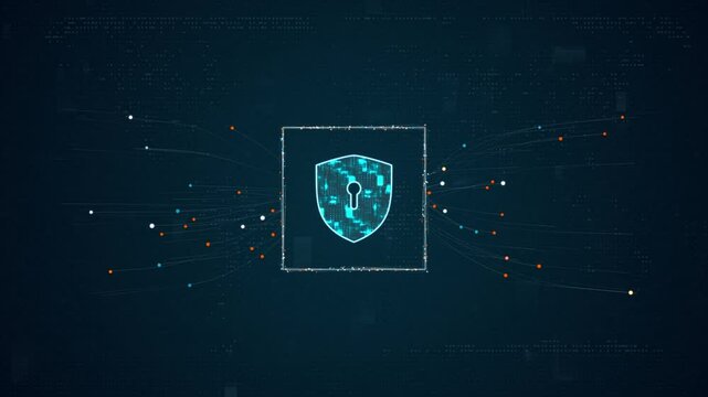 Motion graphic of Blue digital security shield logo with particles dot spread on abstract background with network firewall technology and data secure concept