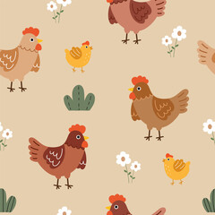 Seamless pattern with cute hen, chick and flowers for your fabric, children textile, apparel, nursery decoration, gift wrap paper. Vector illustration	