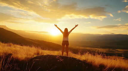 Fototapeta premium The girl on the top of the mountain raised both hands, the sun was setting. concept of success and achievement, joy, happiness.