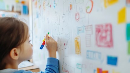 Child Drawing on Whiteboard with Colorful Markers