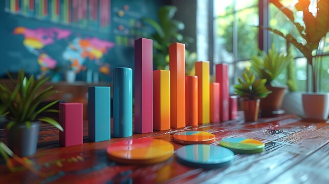 Vibrant 3D bar and pie charts illustrate market growth, set against a blurred backdrop of a world map and plants.  A captivating visual representation of upward trends and progress.