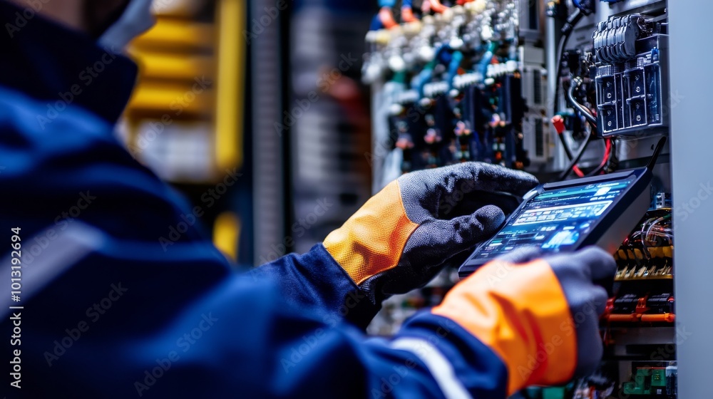 Poster a technician inspects electrical panels while using a tablet to monitor or troubleshoot the system, 