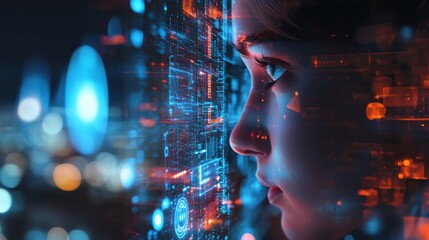 A close-up of a person's face, overlaid with digital data and glowing elements, evoking themes of technology and artificial intelligence.