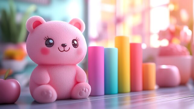 Adorable pink teddy bear sits beside a vibrant rainbow-colored bar chart, creating a whimsical, cheerful scene in a softly lit room.  Sweet and playful!