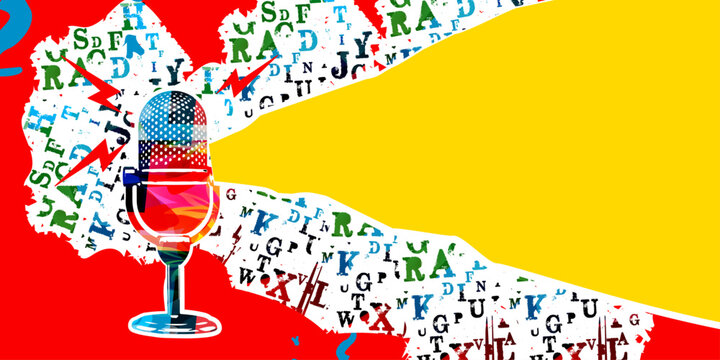 Retro microphone on red and yellow background. Podcasting and creativity in music concept	
