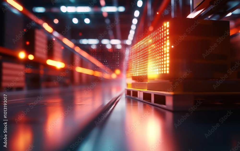 Poster advanced ai system analyzing products in a digitalized warehouse, with holographic data visualizatio